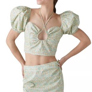 Another Girl from Urban Outfitters Green Floral Puff Sleeve Crop Top NWT